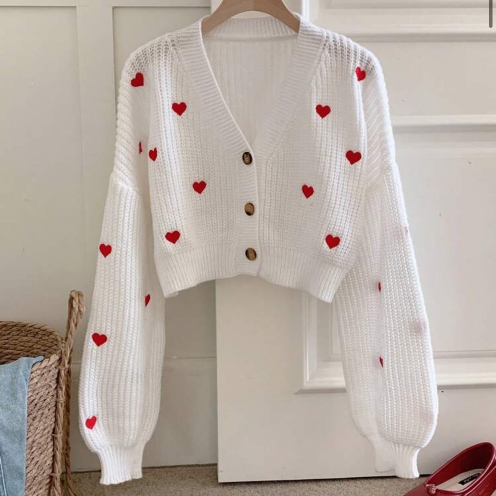 White Red Heart Patterned Women's Knit Drop Shoulder Cardigan Sweater